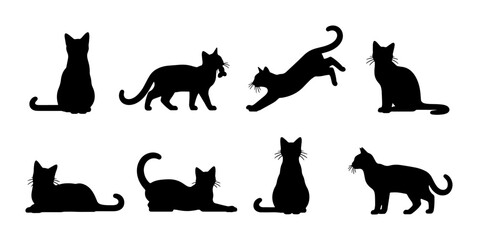 Diverse Cat Silhouettes Collection, Eight Vector Poses of Felines, Black Animal Graphics for Pet Lovers and Design Projects © Rafi