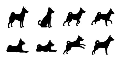 Obraz premium Set of 8 Shiba Inu Dog Silhouettes, Vector Icons for Pet Lovers, Canine Poses Collection, Black and White Graphic Elements