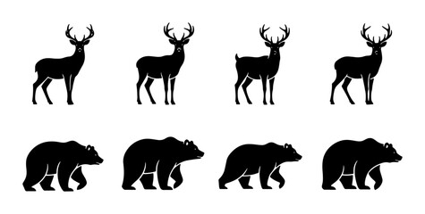 Fototapeta premium Set of Four Black Deer Silhouettes, Forest Wildlife Icons, Woodland Animal Vector Graphics, Nature Mammal Illustrations