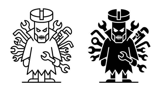 Evil Mechanic Mascot: A menacing, monstrous mechanic character surrounded by an array of tools, with glowing eyes and a grim expression, embodying mechanical prowess and a touch of the sinister.