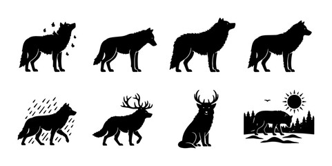 Obraz premium Wolf and Deer Silhouette Collection, Wildlife Icons, Nature Scenes, Animal Graphics, Vector Art Set