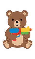 Fototapeta premium Stylized brown bear sitting and holding a colorful toy water gun in a playful summer atmosphere