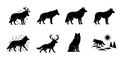 Obraz premium Wolf and Deer Silhouettes Collection, Wildlife Vector Icons, Nature and Animal Graphics for Design
