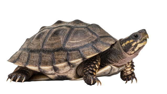 Brown tortoise with patterned shell and sharp claws