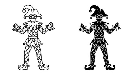 Jester Icon: A jester illustration in two styles, one line art and one silhouette, stands ready to entertain with playful attire and a mischievous glint in its eyes, symbolizing fun and performance. © Md