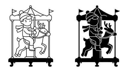 Merry Go Round Christmas Illustration: A charming line art illustration depicts a child riding a reindeer on a Christmas carousel, evoking holiday cheer and festive fun. © Joynob