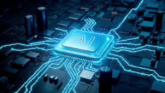 Artificial intelligence processor chip, glowing AI CPU on motherboard, digital circuit board