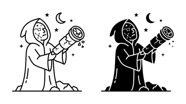Stargazer's Gaze: A hooded figure, silhouetted against a starry night sky, peers through an antique telescope, seeking cosmic wonders and celestial mysteries.