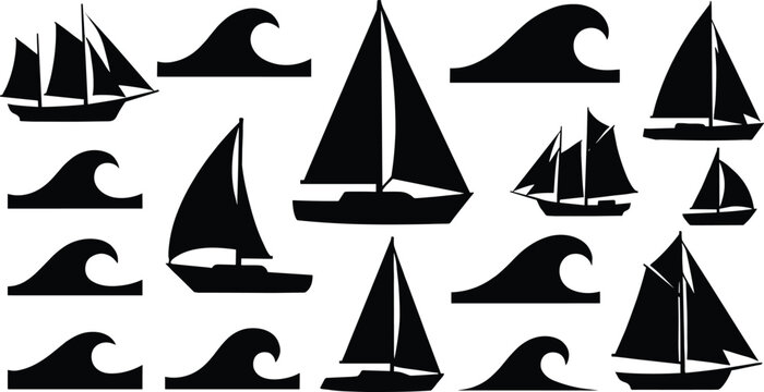 Sailing boat and sea wave collection ocean travel marine navigation cruise elements black silhouettes isolated icons set