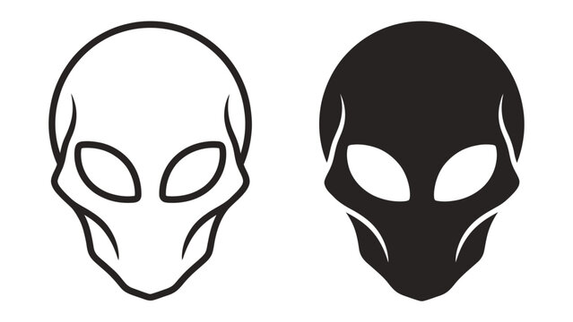 Alien Heads: Two minimalist alien heads, one in outline and the other filled black, represent extraterrestrial intelligence and mystery.