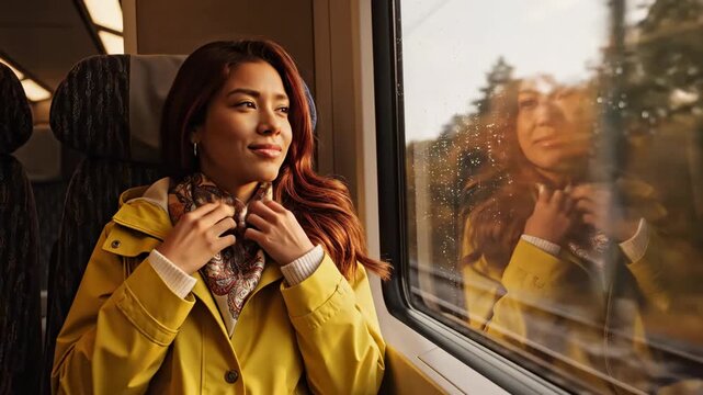 Peaceful Train Travel. Woman in yellow jacket gazing out window at sunset. Perfect for lifestyle and commuting themes.