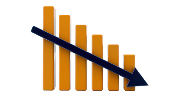 Orange bar chart with downward trending blue arrow