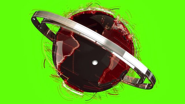 Rotating Digital Earth with Metallic Orbit Ring on Green Screen Chroma Key Background 4K