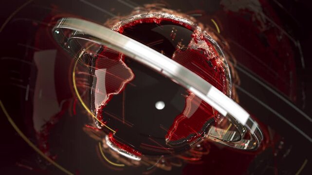 Futuristic Rotating Digital Earth with Metallic Orbit Ring and Global Technology Interface in 4K