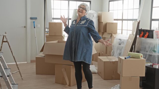 Woman amid stacked cardboard boxes gestures with open hands and smiles while unpacking in a building; joy relocation.