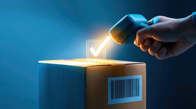 Faceless hand scanning a barcode on a parcel with a glowing logistics overlay