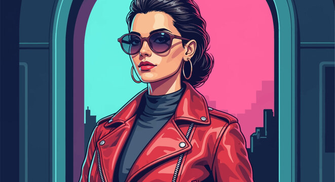 Vector illustration of a woman in a red leather biker jacket and black turtleneck, wearing round sunglasses and gold hoop earrings against a pink and teal neon city skyline.