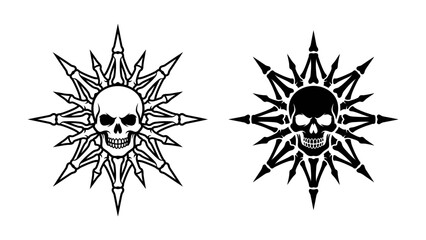 Ornate Skull Emblem: A striking and detailed design featuring a human skull at the center, radiating outward with a starburst of sharp, pointed elements. © Joynob