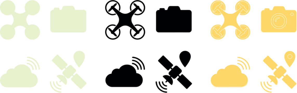 Set of icons representing drone technology and cloud satellite data