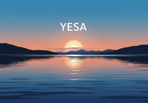 Minimalist vector illustration of sunset over Yesa Reservoir in Spain, featuring mountain silhouettes, calm water reflections, orange gradient sky, and central YESA typography.
