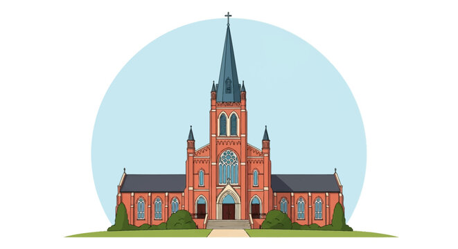 Vector illustration of a Gothic Revival red brick Catholic church building featuring a tall central steeple with a cross, a rose window, and arched entries on a light blue circle.
