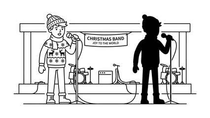 Christmas Band Performance: A young boy dressed in a festive Christmas sweater and beanie stands at a microphone on a stage, ready to perform with his band. A shadowy figure stands beside him. © Murshida
