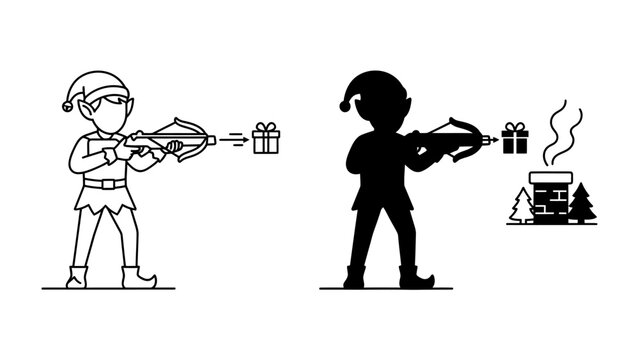 Elf with Crossbow and Gift: An elf character, depicted in both outline and silhouette, aims a crossbow at a gift box, hinting at festive deliveries or a playful challenge.