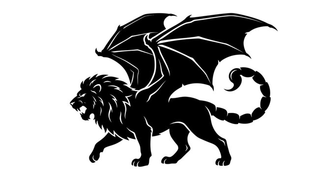 Roaring manticore silhouette mythical creature icon.