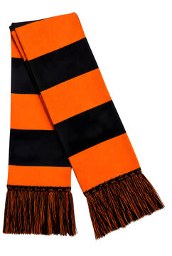 Orange And Black Striped Winter Knit Scarf With Fringe Isolated On Transparent Background