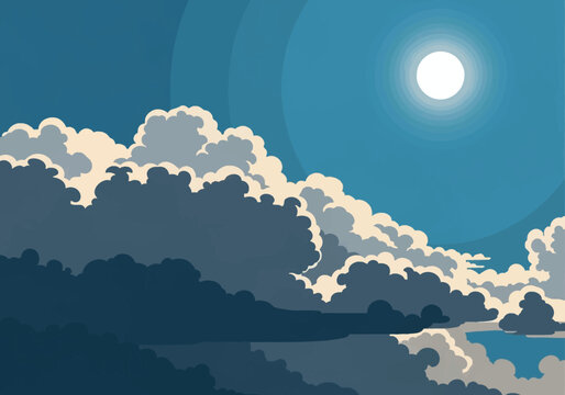 Vector illustration of a bright sun or full moon in a clear blue sky with dramatic, layered cumulus clouds in dark navy, grey, and cream tones, featuring a stylized atmospheric design.
