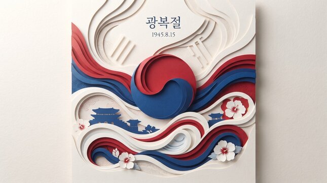Paper cutout design with red, blue, and white waves and flowers on a