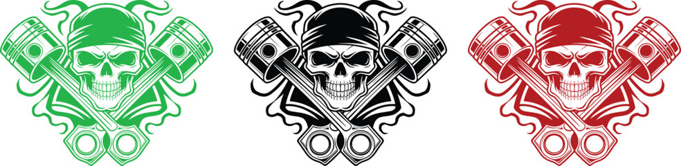 Skull with Bandana and Crossed Pistons Emblem in Green Black and Red engine © QueenMomtaz 