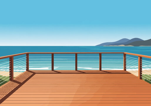 Modern wooden balcony deck with cable railing overlooking blue ocean waves and coastal mountains under clear sky in Gordon's Bay, South Africa, flat vector illustration.
