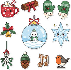 Fototapeta premium Cute Kawaii Christmas Holiday Sticker Set Collection.