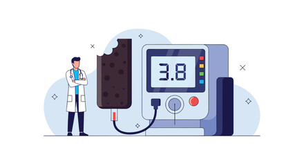 Fototapeta premium Professional male doctor stands near a digital glucose monitoring device measuring sugar levels of a chocolate ice cream bar.