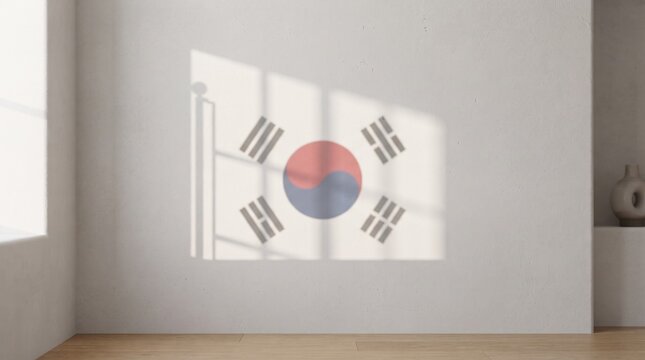 South Korean flag projected on a white wall through a window