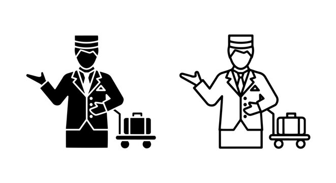 Hotel bellboy with luggage cart icon set check in hospitality
