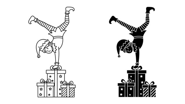 Christmas Elf Acrobat: A whimsical elf performs a handstand atop a stack of gift boxes, showcasing festive acrobatics and holiday cheer.