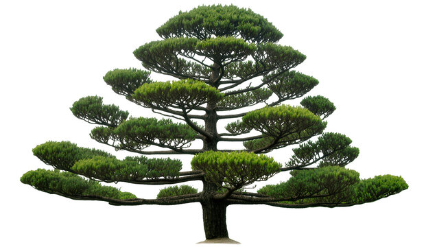 Topiary pine tree with layered green foliage and thick trunk