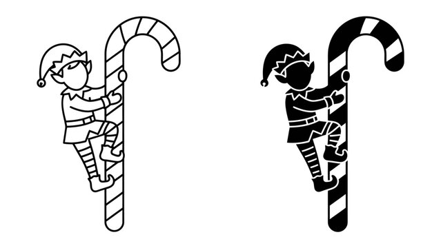 Elf Climbing Candy Cane: A whimsical illustration featuring a festive elf with a pointed hat and striped socks, energetically climbing a large candy cane.
