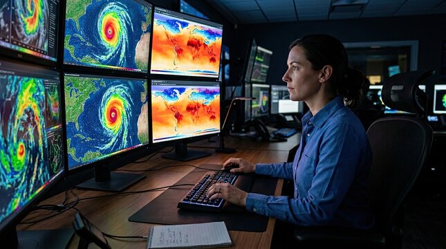 Scientist Monitoring Global Climate Data and Hurricane Forecasts in a Control Room