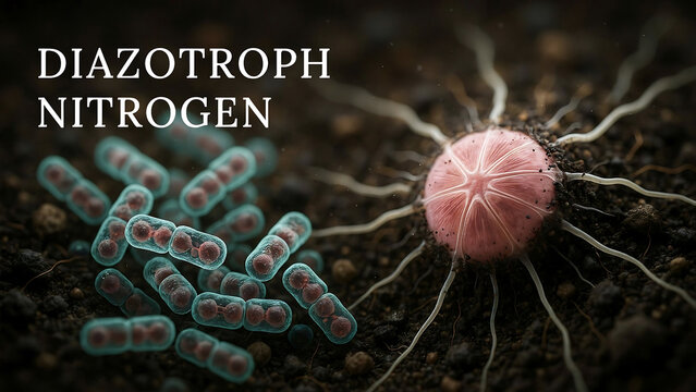 Microscopic view of diazotroph bacteria and root nodules in soil facilitating nitrogen fixation for plant nutrition and soil fertility naturally occurring process