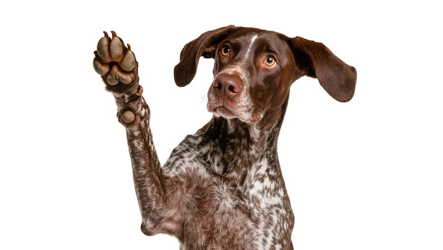 German Shorthaired Pointer dog raising paw, looking curious
