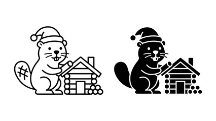 Christmas Beaver Illustration: A charming beaver wearing a Santa hat stands beside a cozy log cabin, evoking a festive and wintery scene. © Md