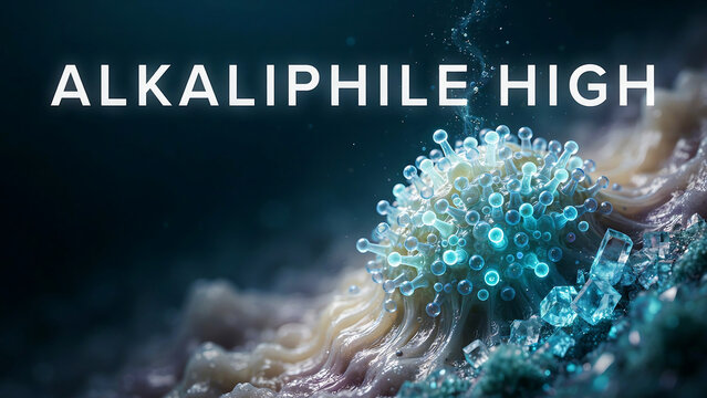 Alkaliphile microorganism thriving in high pH environment with blue cells and crystals on a beige and gray surface