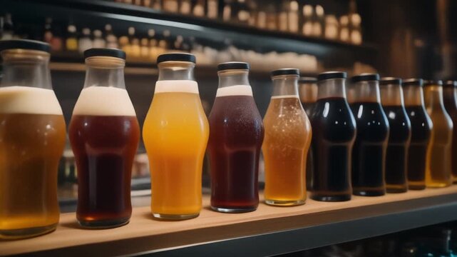 Ultra realistic cinematic footage of assorted beverages displayed for commercial stock footage, no people, 4K UHD
