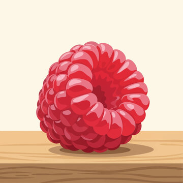 Vector illustration of a single ripe red raspberry on a wooden surface. Detailed botanical drawing featuring shiny drupelets and a hollow center on a neutral light background.