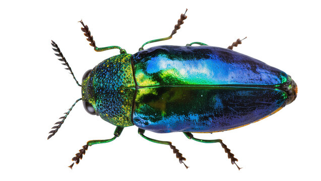 Iridescent metallic jewel beetle with blue and green shell