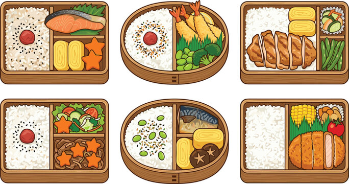 Japanese bento box vector set with delicious traditional lunch boxes featuring rice salmon tonkatsu tempura egg roll isolated on white background.