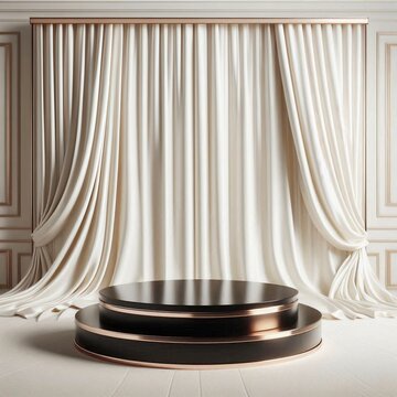 Luxury 2-tier black and rose gold podium with beige satin curtains background, modern product display stage, 3D render.
